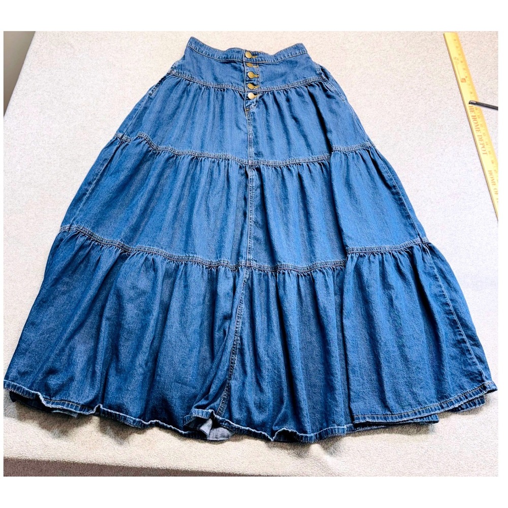 CIDER Denim Maxi Skirt Women S Tiered High Waist Button Front Boho Western Flowy
